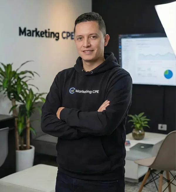 Sebastián Torres, experto en Google Ads, con los brazos cruzados en la oficina de Marketing CPE en Bogotá